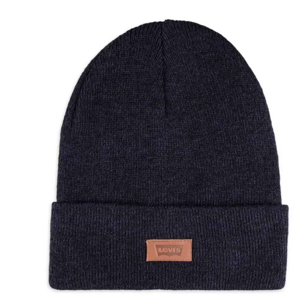LEVI’S OS Unisex Black Brown Leather Patch Logo Knit Beanie Hat Superior Warmth